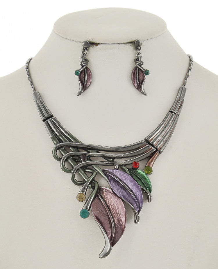 Leaf Metal Rhinestone Necklace & Earring Set