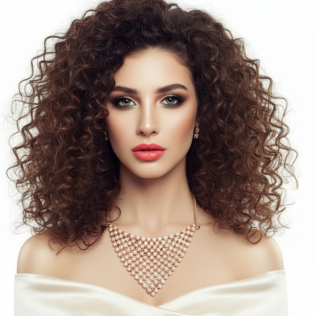 Woman wearing a rose gold beaded necklace on a white background