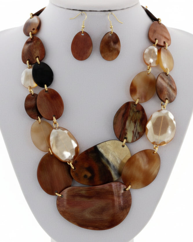 DOUBLE STRAND EARTH TONE STATEMENT NECKLACE SET