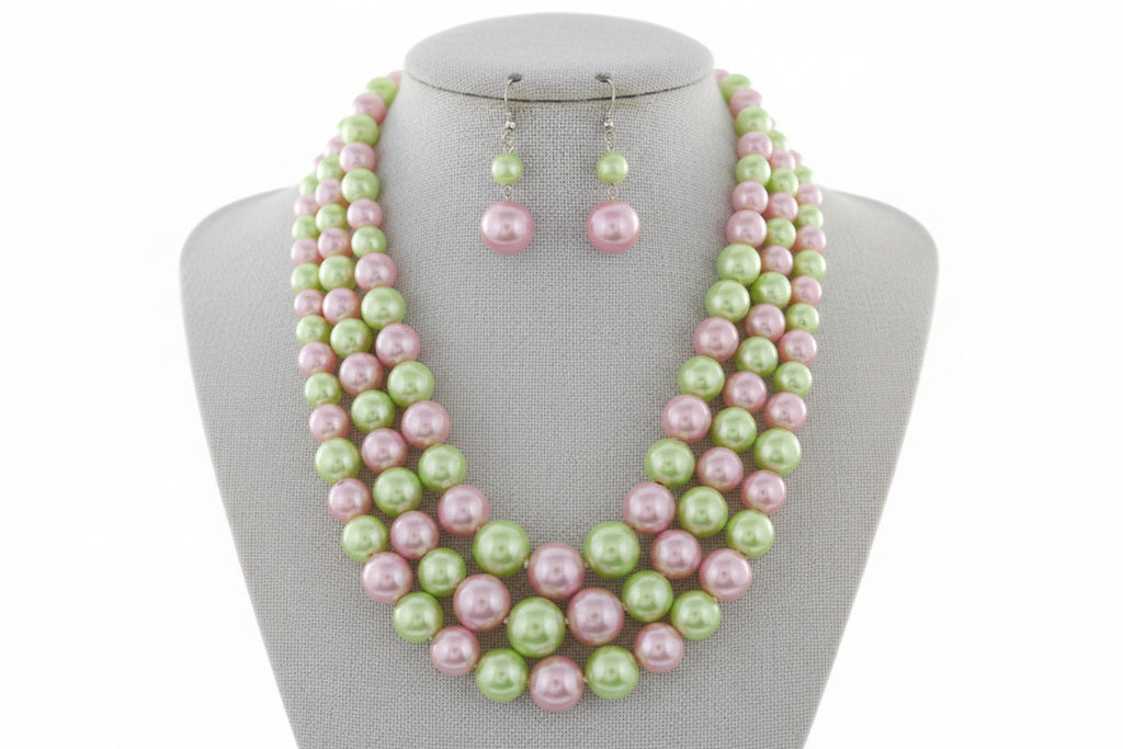 3 Strand Synthetic Pearl Graduating Necklace & Earring Set