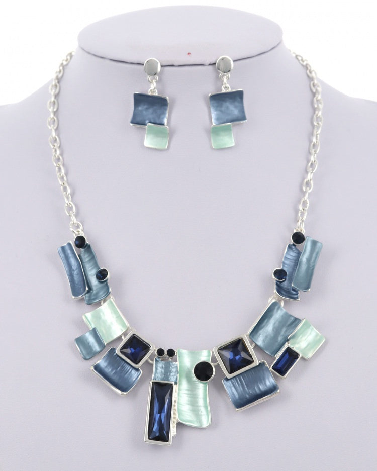 Geometric Blues Glass & Metal Necklace Set