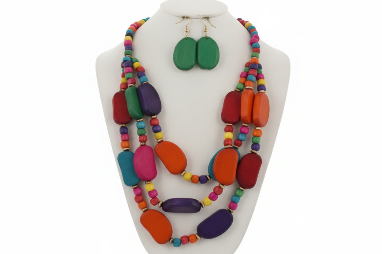 Colorful Multi Strand Wood Necklace & Earring Set