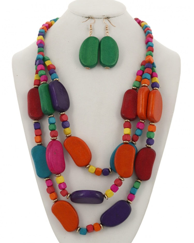 JEWEL TONED MULTI-STRAND WOOD NECKLACE SET