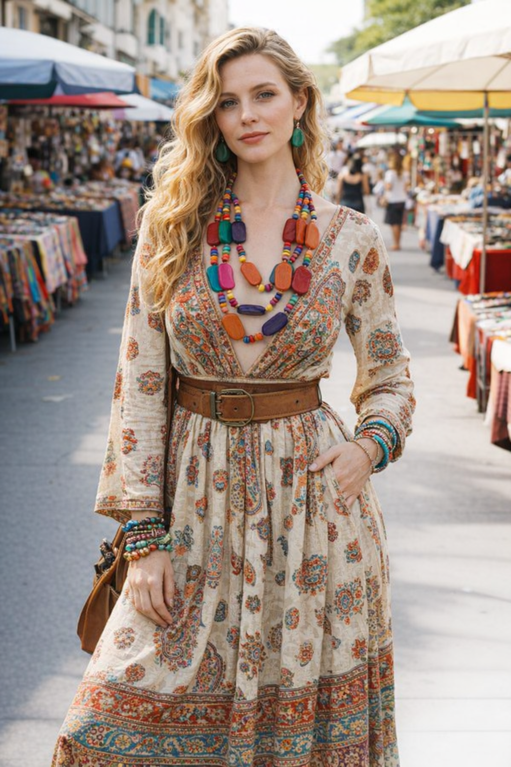 Colorful Multi Strand Wood Necklace & Earring Set