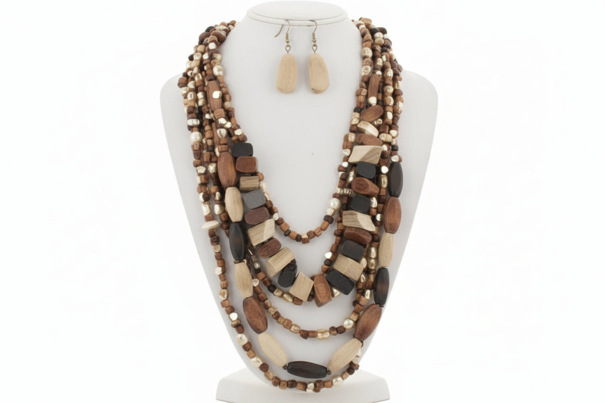 Multi-Strand Wood Necklace & Earring Set G711
