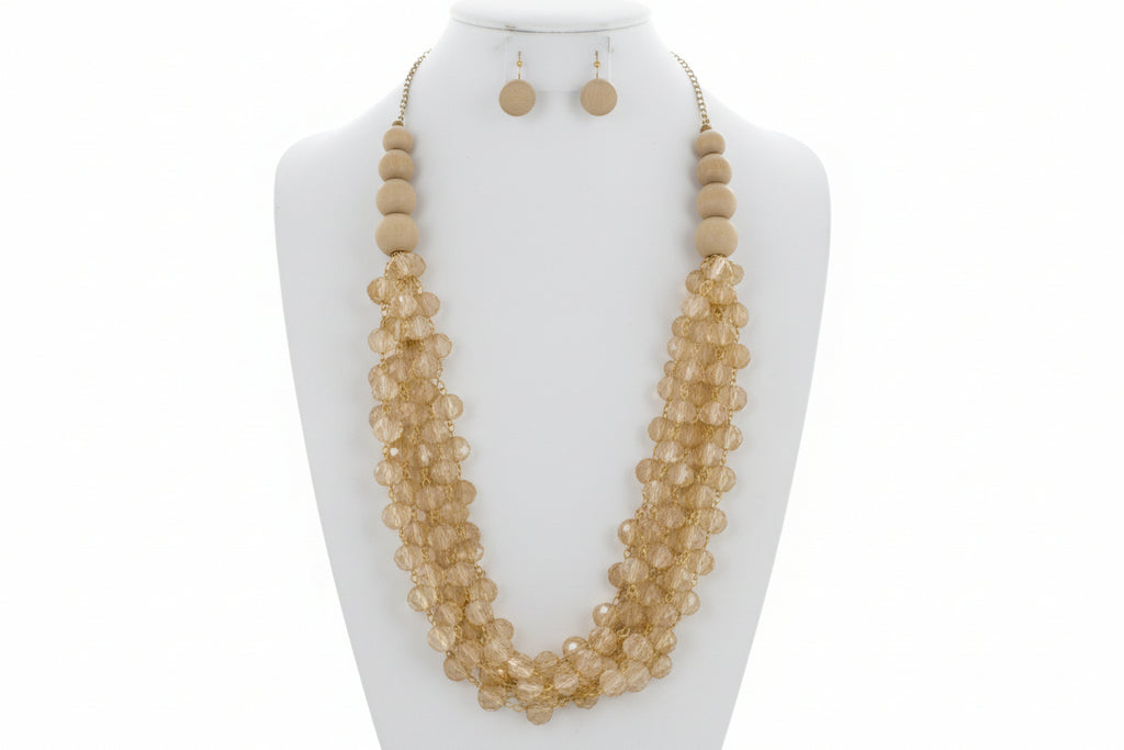 Bead Cord Acrylic Long Multi- Strand Necklace & Earring Set