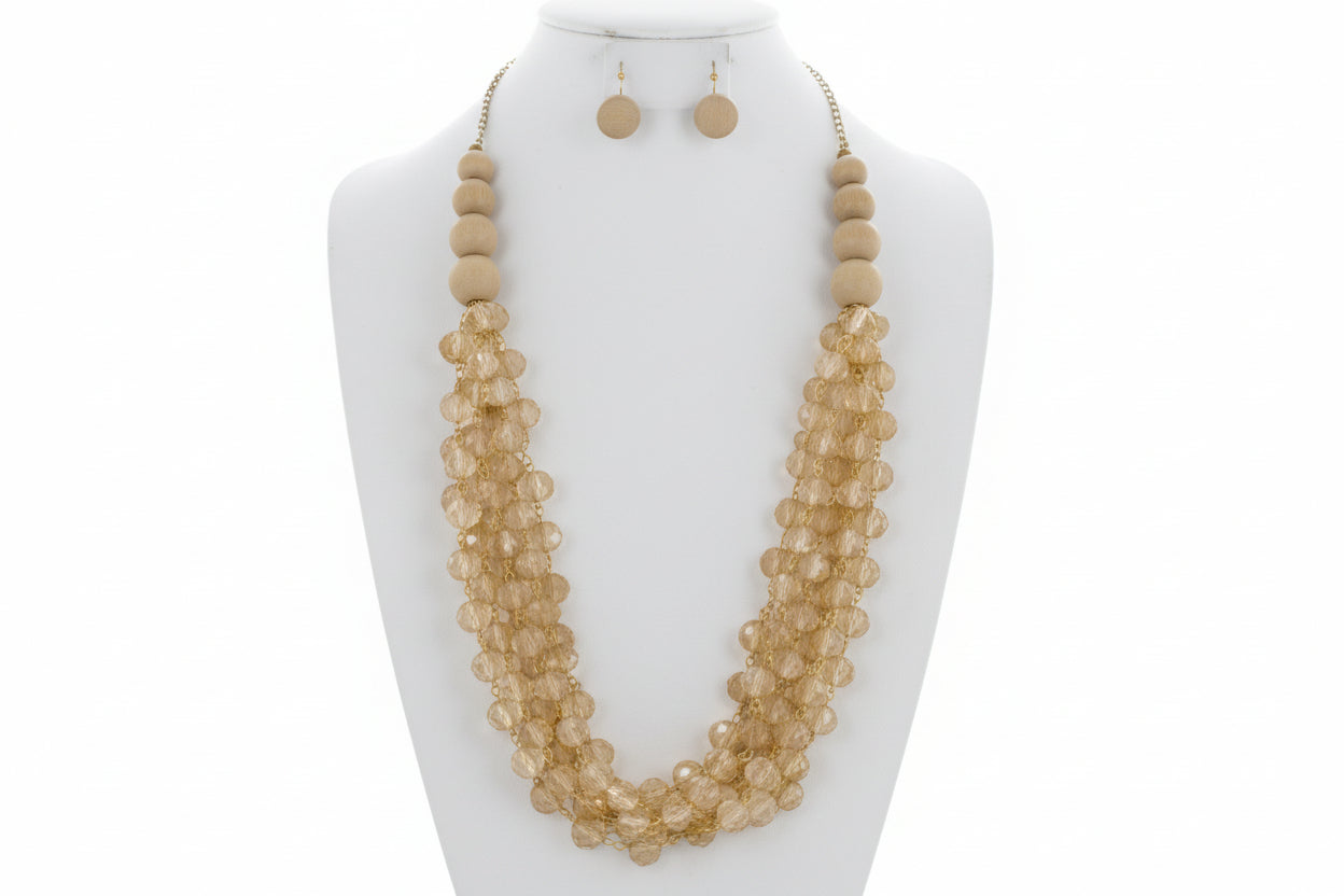Bead Cord Acrylic Long Multi- Strand Necklace & Earring Set
