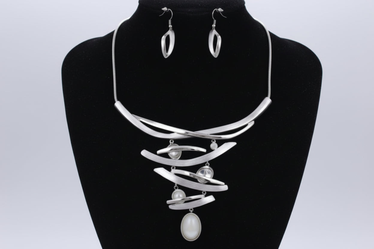 Silver & Rhinestone Abstract Necklace Set