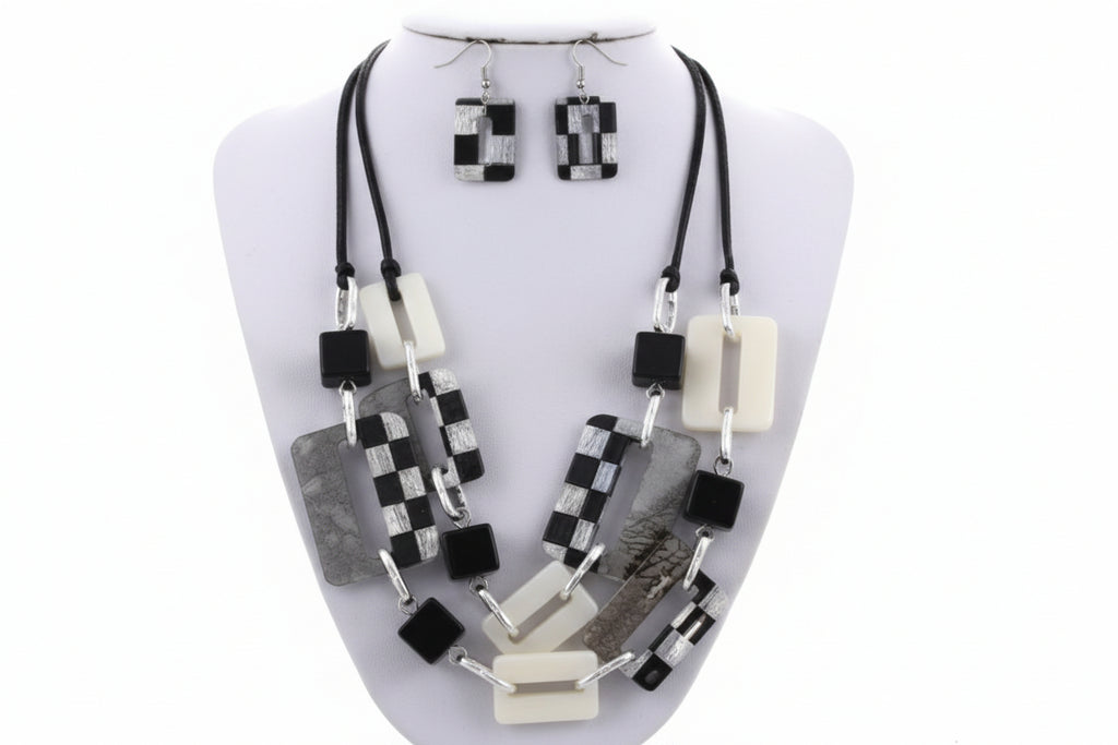 Checkered Multi Row Rectangle Necklace Set