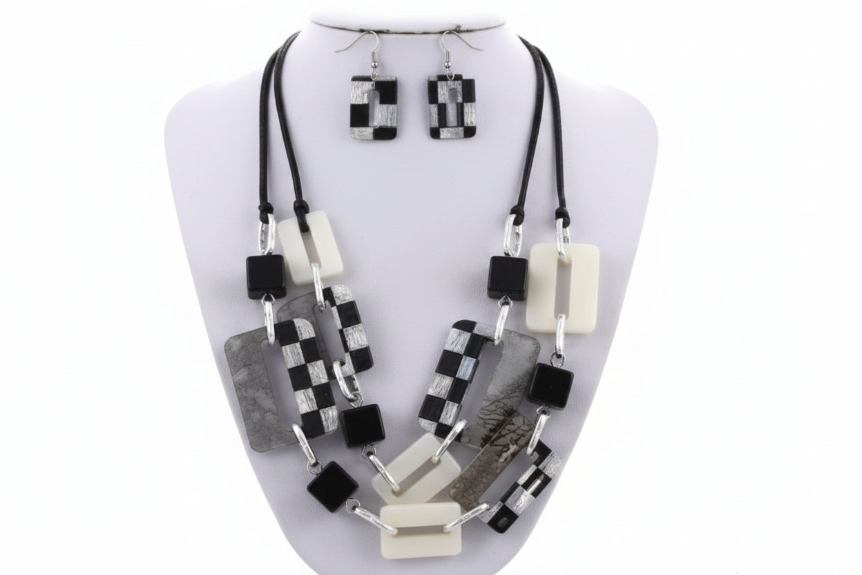 Checkered Multi Row Rectangle Necklace Set