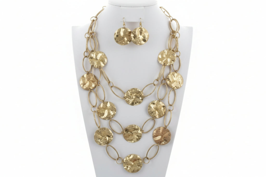 Multi Row Hammered Metal Disc Necklace Set