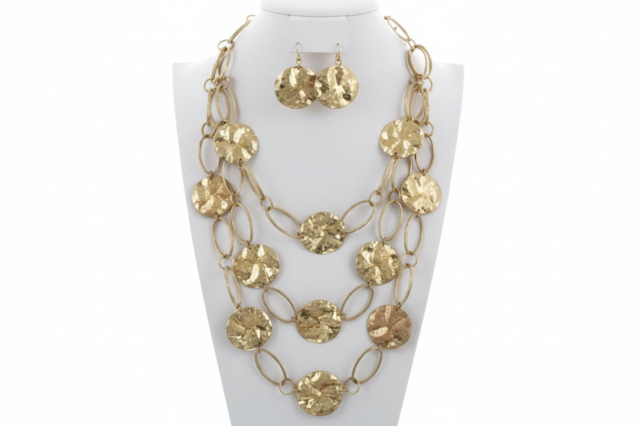 Multi Row Hammered Metal Disc Necklace Set