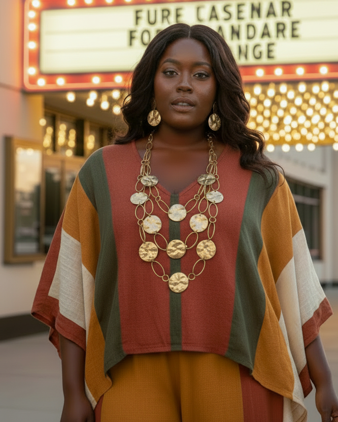 Woman in a colorful outfit standing in front of a theater marquee.