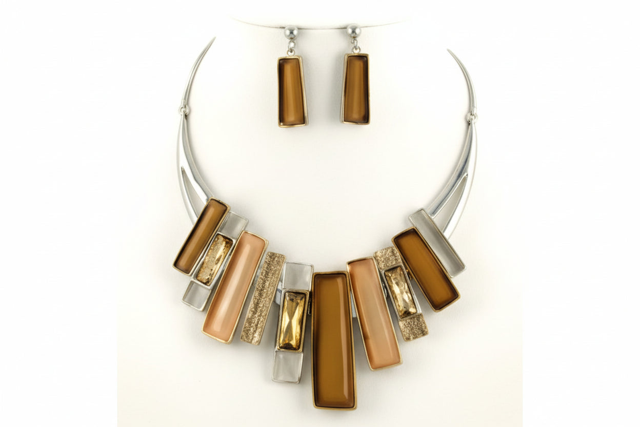 Earthtone Enamel Glass Statement Necklace & Earring Set