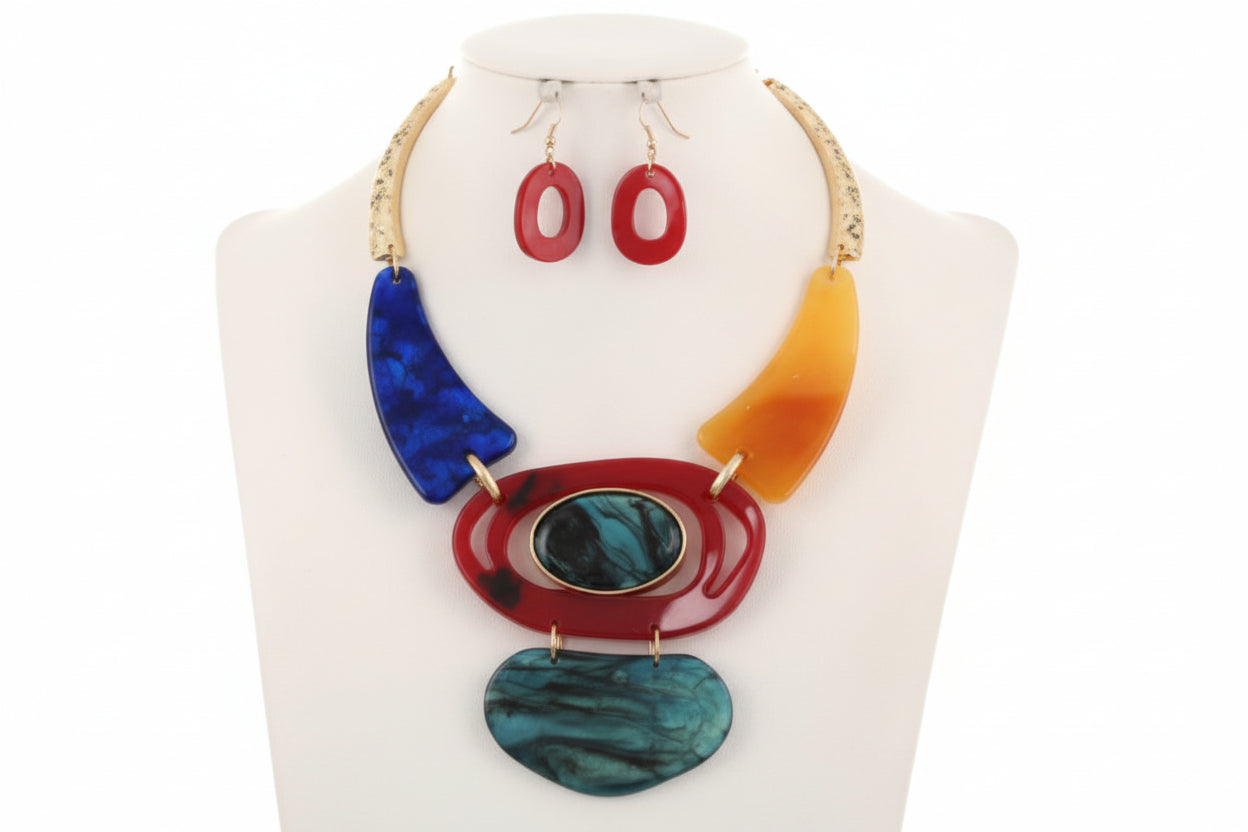 MULTI-COLOR HAMMERED METAL & ACETATE NECKLACE SET