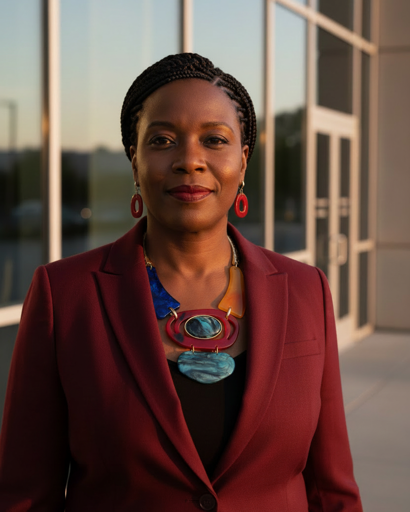 Woman in a red blazer standing in front of large glass windows with a sunset or sunrise background.