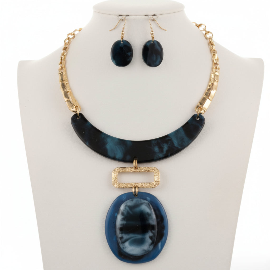 TEAL OVAL GLITTER NECKLACE & EARRING SET