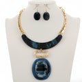 TEAL OVAL GLITTER NECKLACE & EARRING SET
