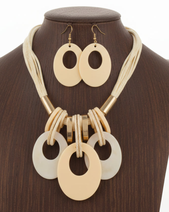 Cream Oval Acrylic Multi Strand Cord Necklace & Earring Set