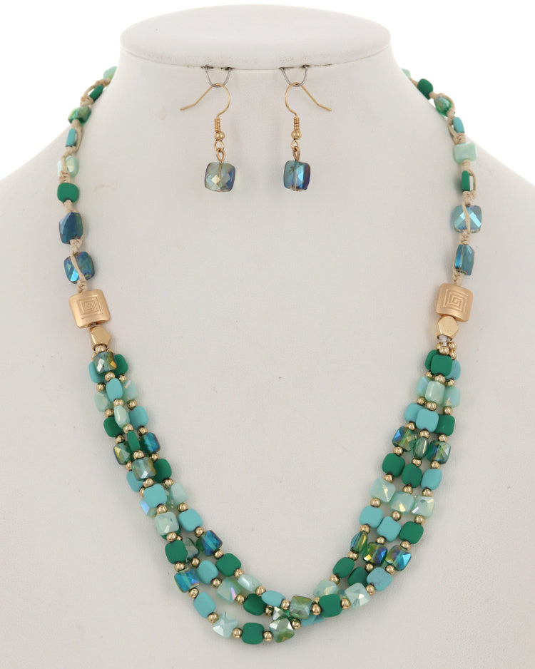 Green Shades of Beaded Square Glass Necklace & Earring Set
