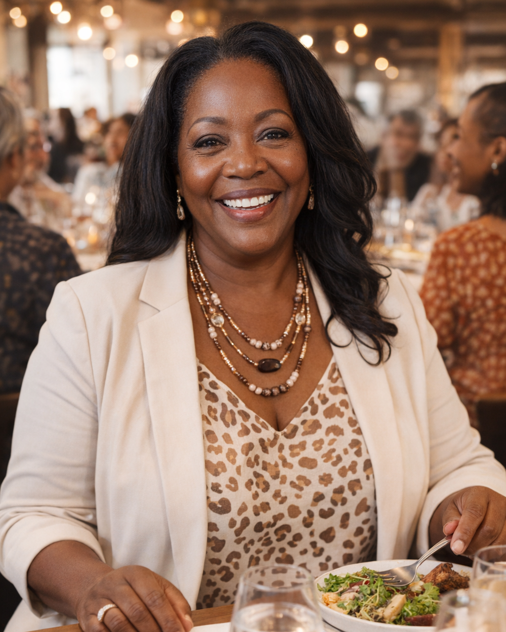 Woman sitting at a dining table with a plate of food, smiling.