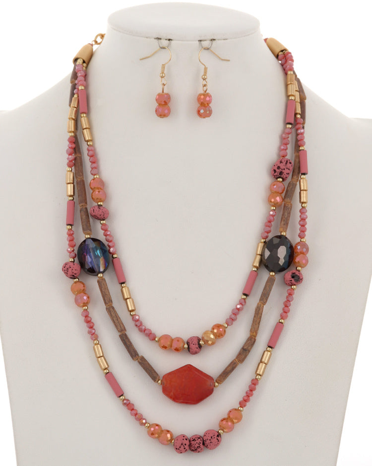 Earth Tone Multi Strand Beaded Glass Necklace & Earring Set