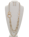 Beige Multi Strand Beaded Wood Long Necklace & Earring Set