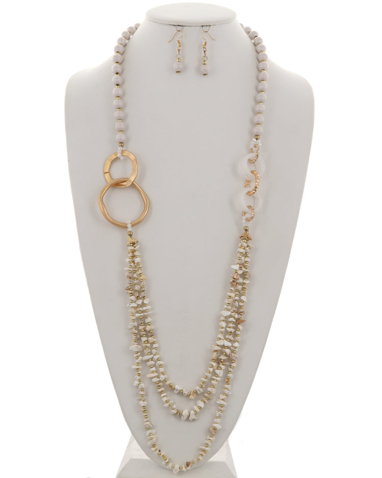 Beige Multi Strand Beaded Wood Long Necklace & Earring Set