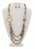 Pinks & Blues Multi Strand Beaded Wood Long Necklace & Earring Set