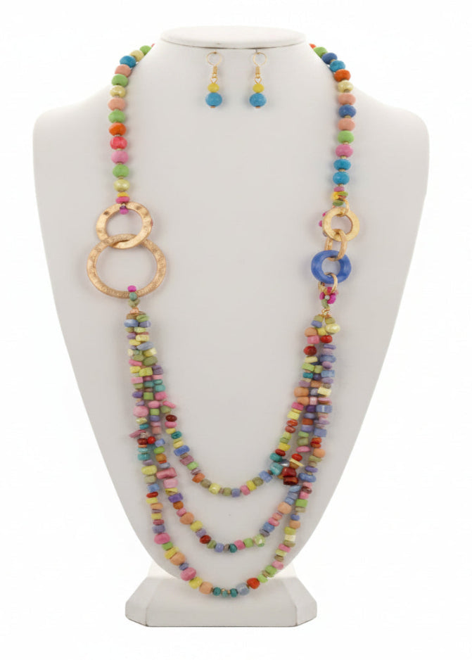 Pinks & Blues Multi Strand Beaded Wood Long Necklace & Earring Set