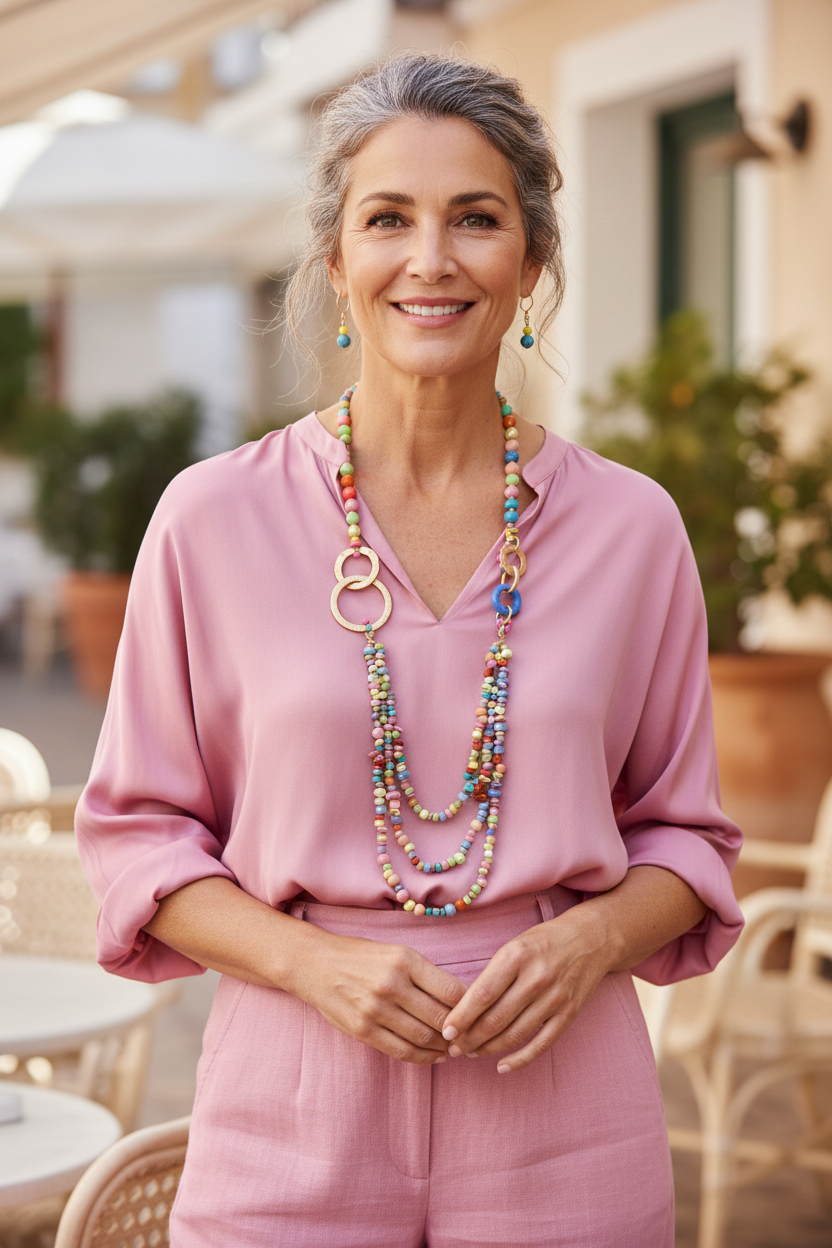 Pinks & Blues Multi Strand Beaded Wood Long Necklace & Earring Set
