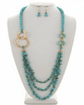 Turquoise Multi Strand Beaded Wood Long Necklace & Earring Set