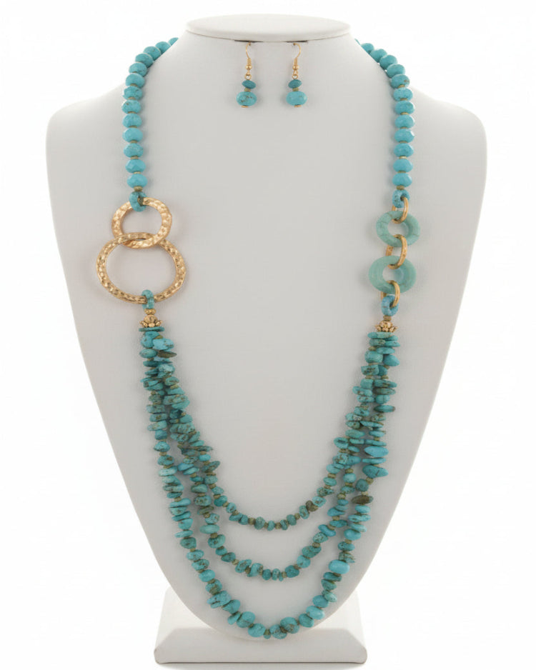 Turquoise Multi Strand Beaded Wood Long Necklace & Earring Set