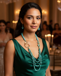 Woman in a green dress with a turquoise necklace in an elegant indoor setting