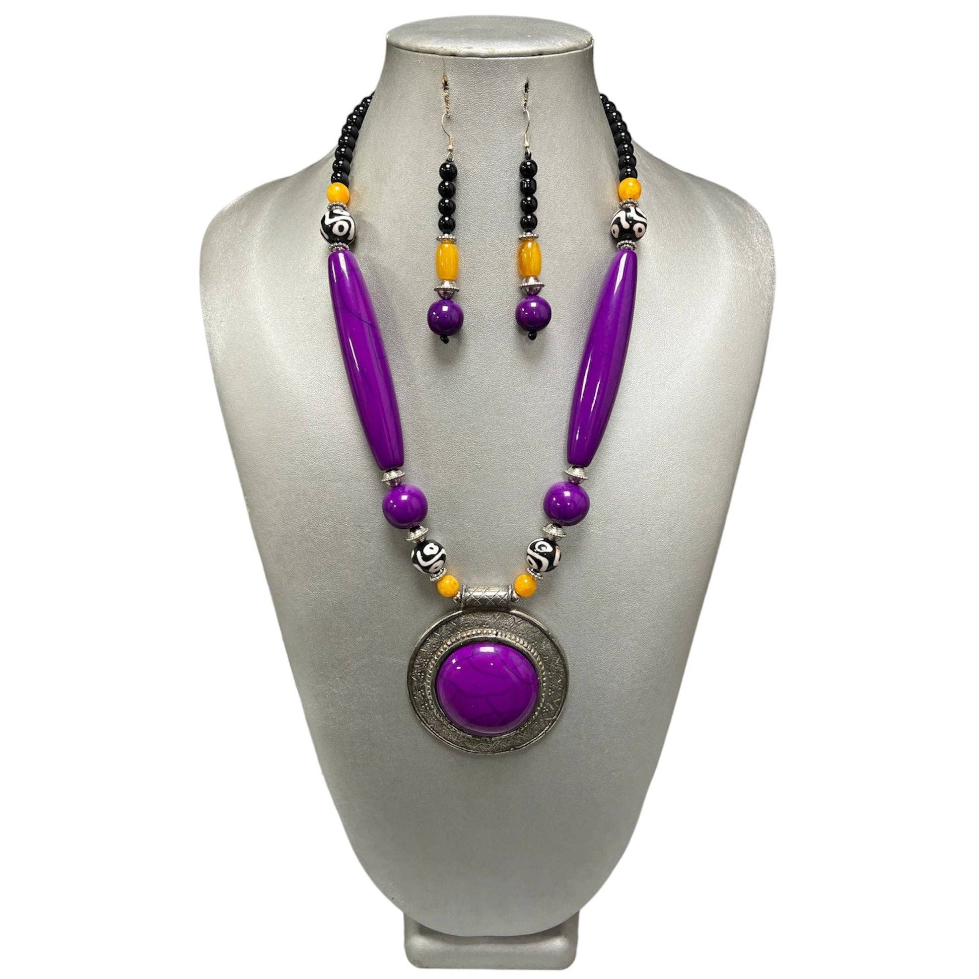 Wooden Necklace Set with Large Purple Pendant
