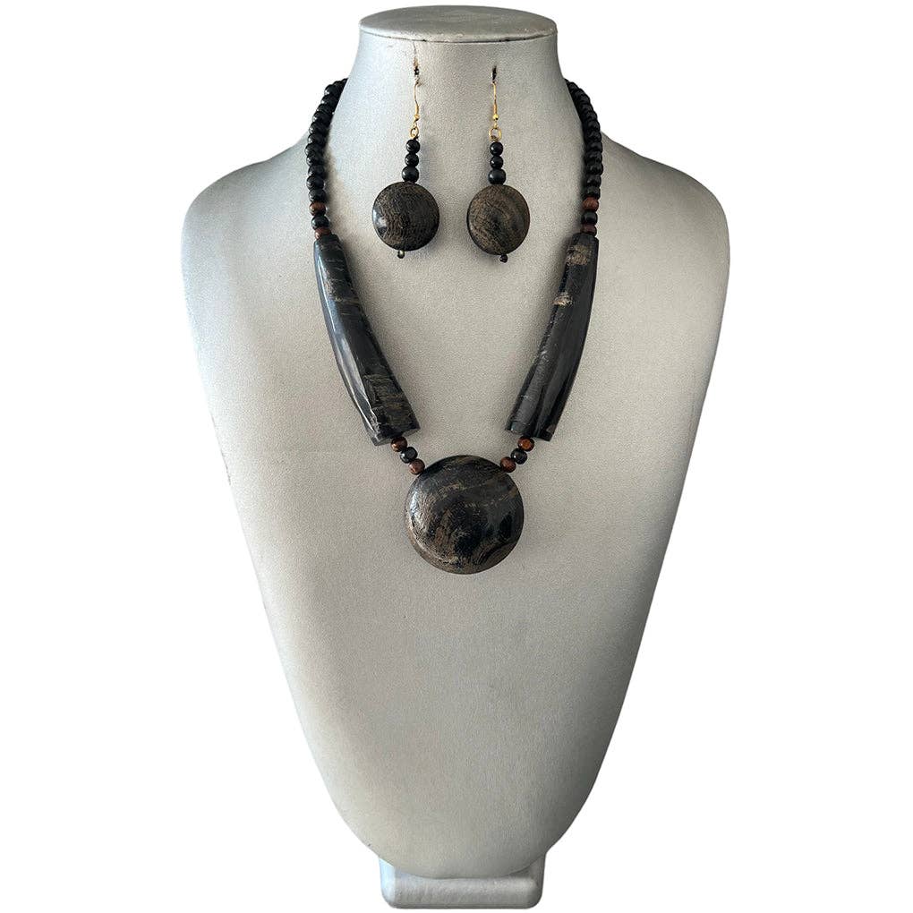 Black Tribal Wooden Necklace Set