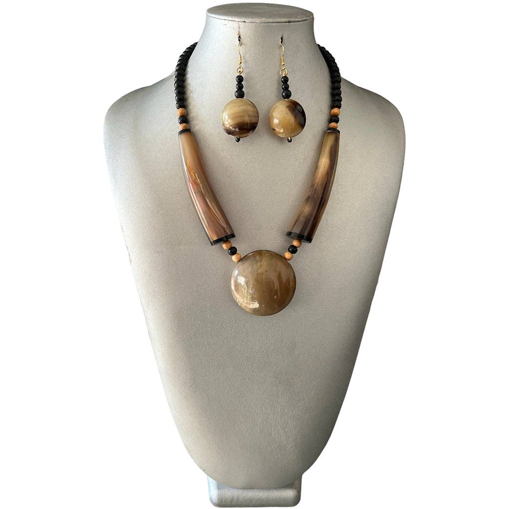 Brown Tribal Wooden Necklace and Earrings Set: