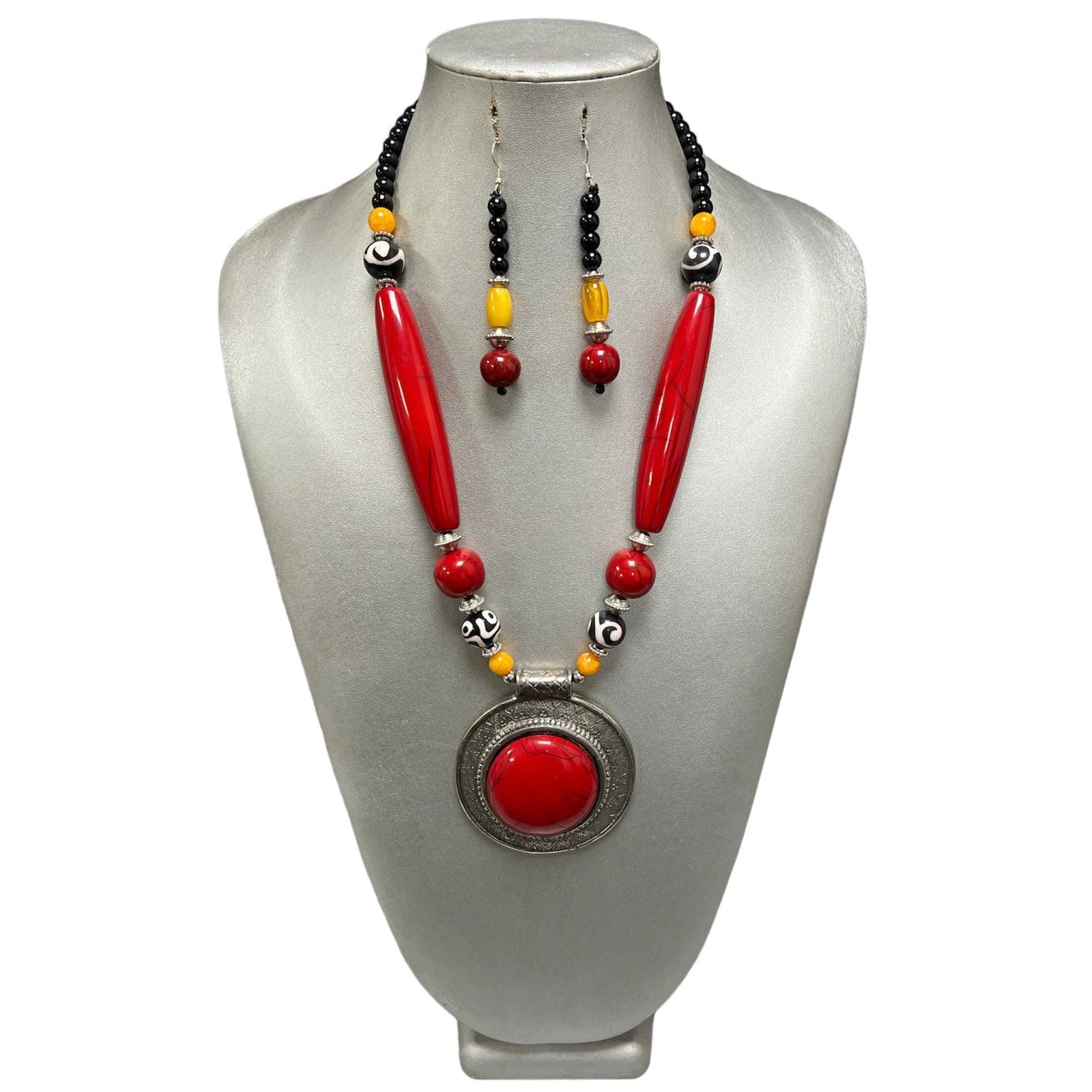 Colored Wooden Necklace Set with Large Red Pendant