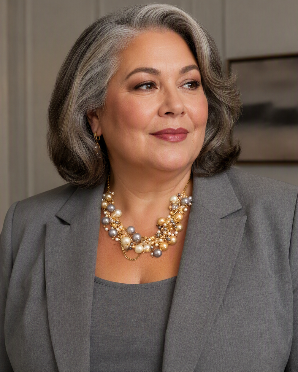 A woman with gray hair wearing a gray blazer and a chunky gold and pearl statement necklace, shown in a close-up portrait.