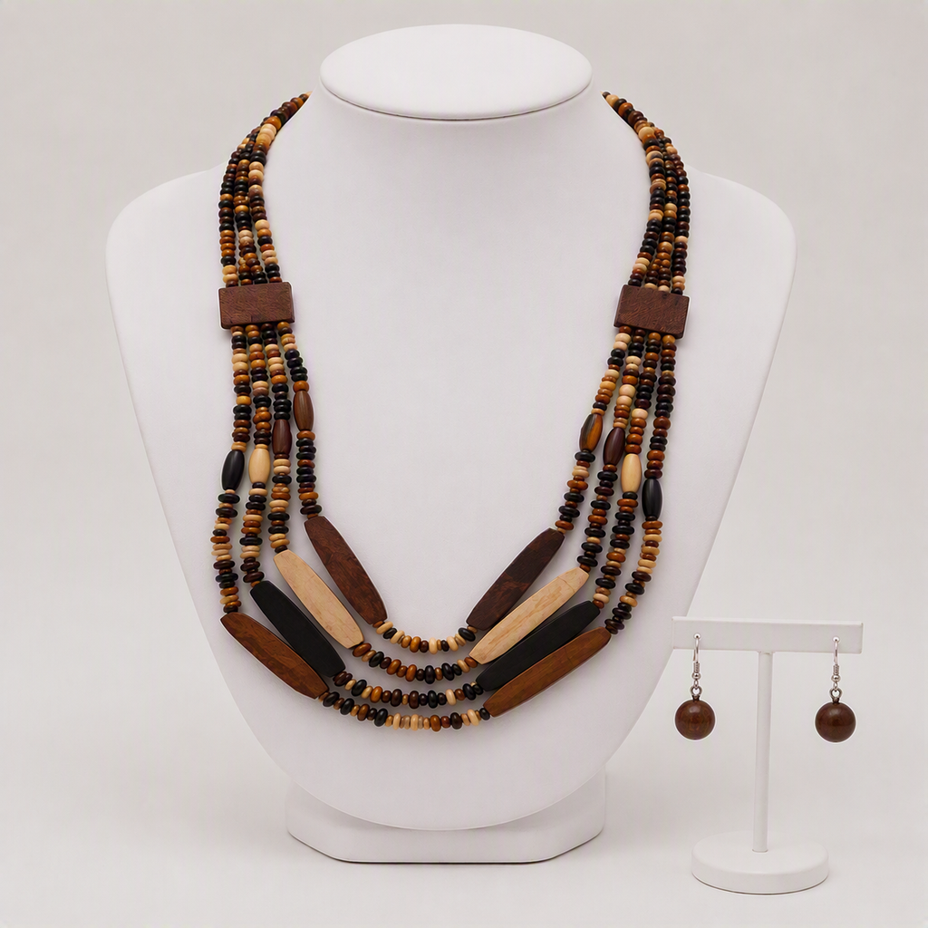 Asymmetrical Geometric Wood Necklace Set #8242615
