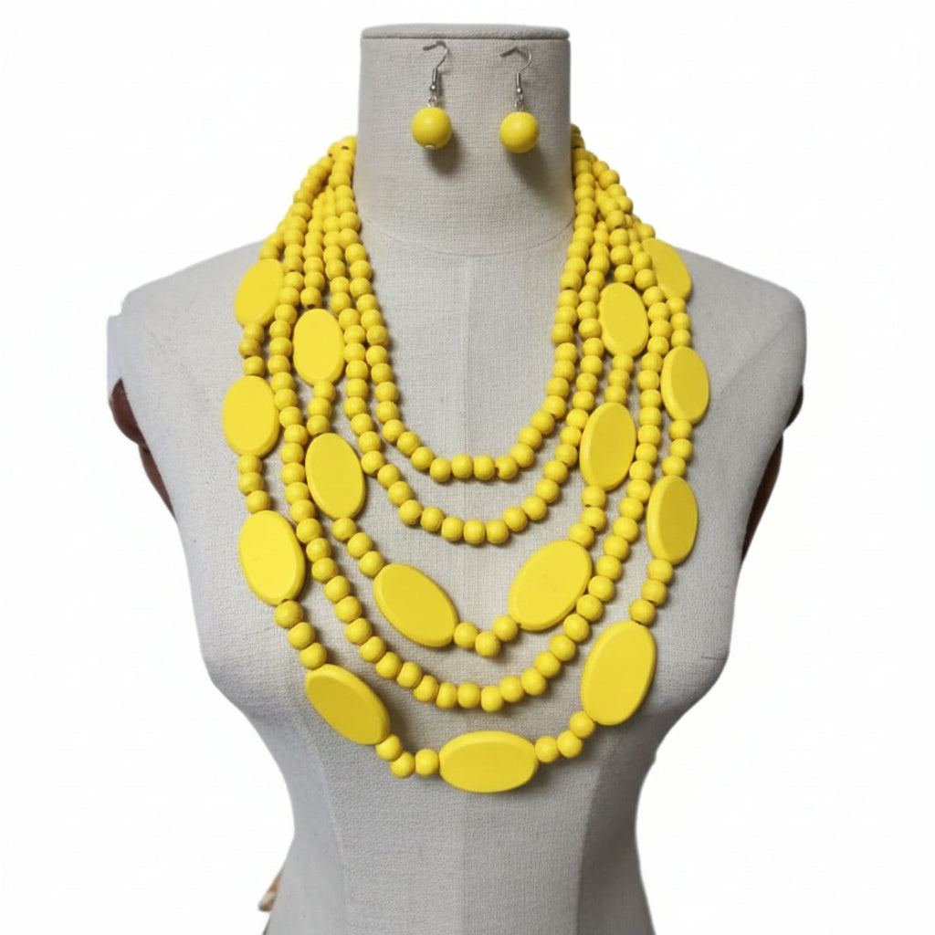 Mannequin wearing a yellow beaded necklace and earrings on a white background
