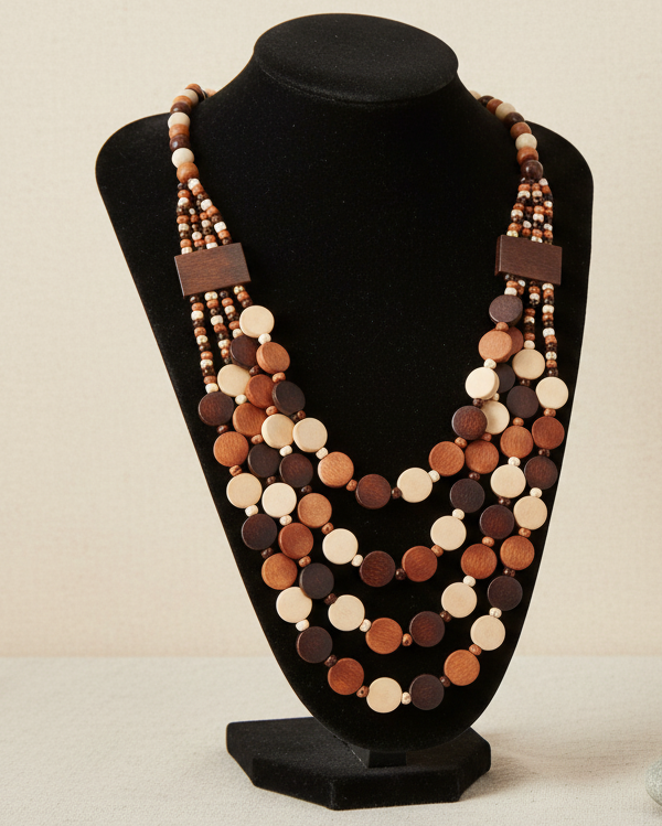A multi-strand wooden bead necklace displayed on a black mannequin bust against a black background, with Chinese text overlay showing measurements and weight in the bottom right corner.