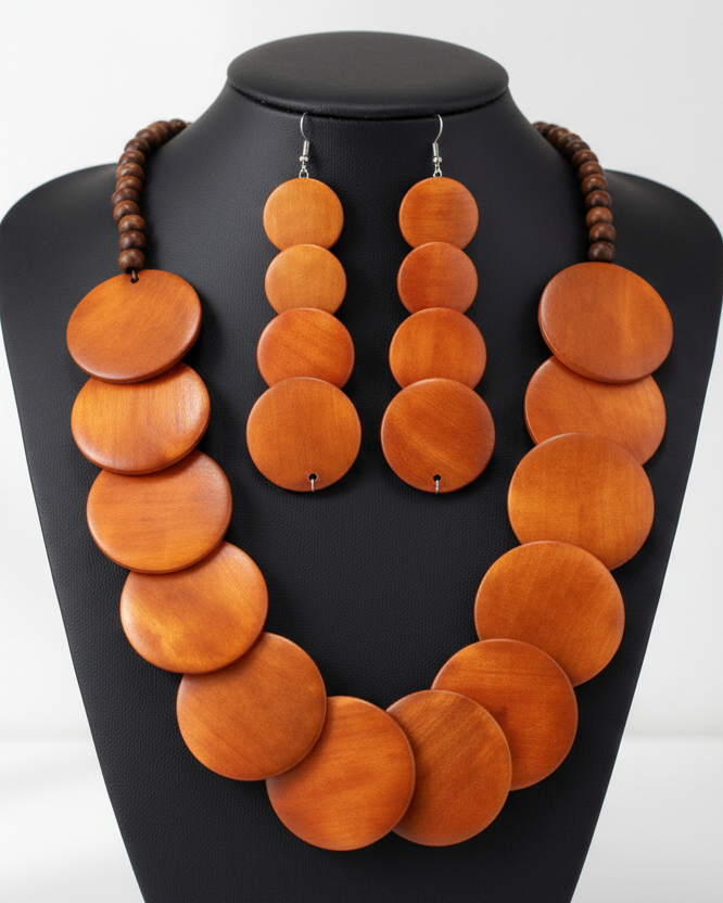 Orange beaded necklace and matching drop earrings displayed on a black mannequin bust against a black background.