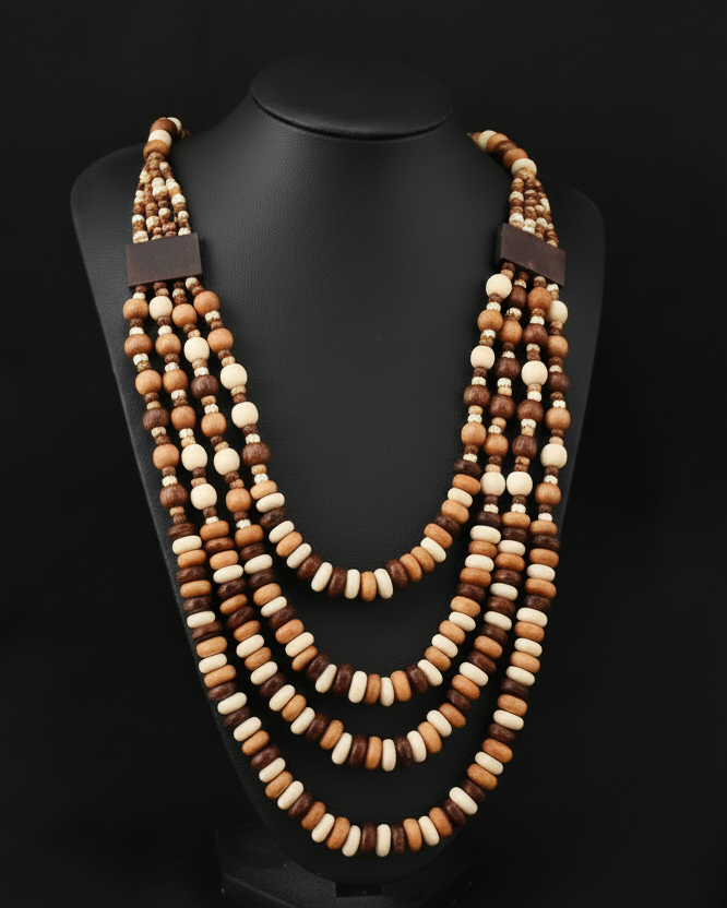 A multi-strand wooden bead necklace displayed on a black mannequin bust against a black background, with a small white text box in the bottom right showing measurements and weight.