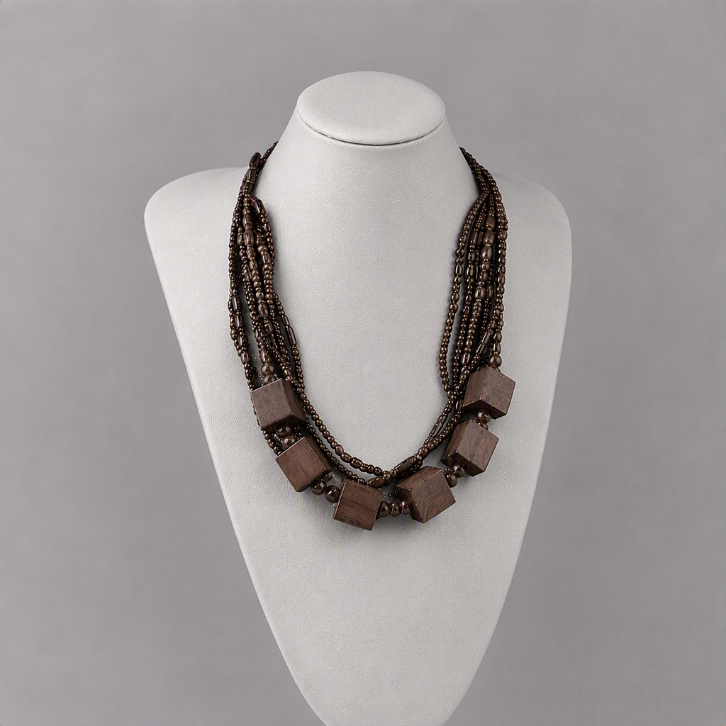 Retro Style Cubes and Round Bead Multi-Strand Necklace