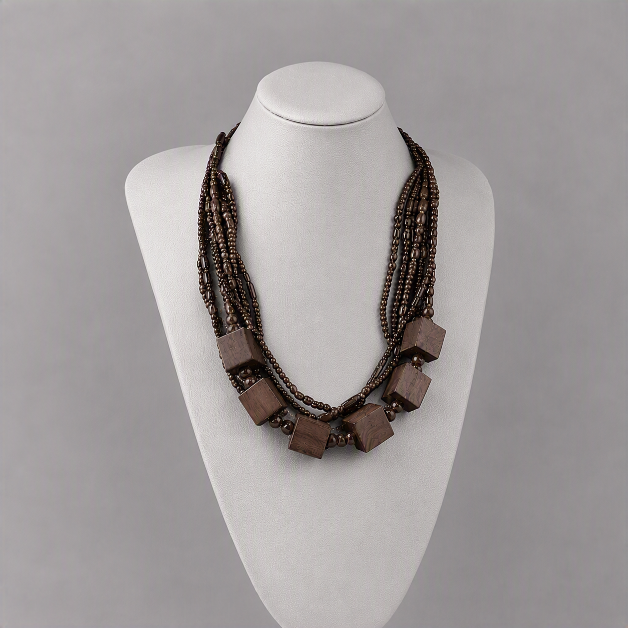 Retro Style Cubes and Round Bead Multi-Strand Necklace