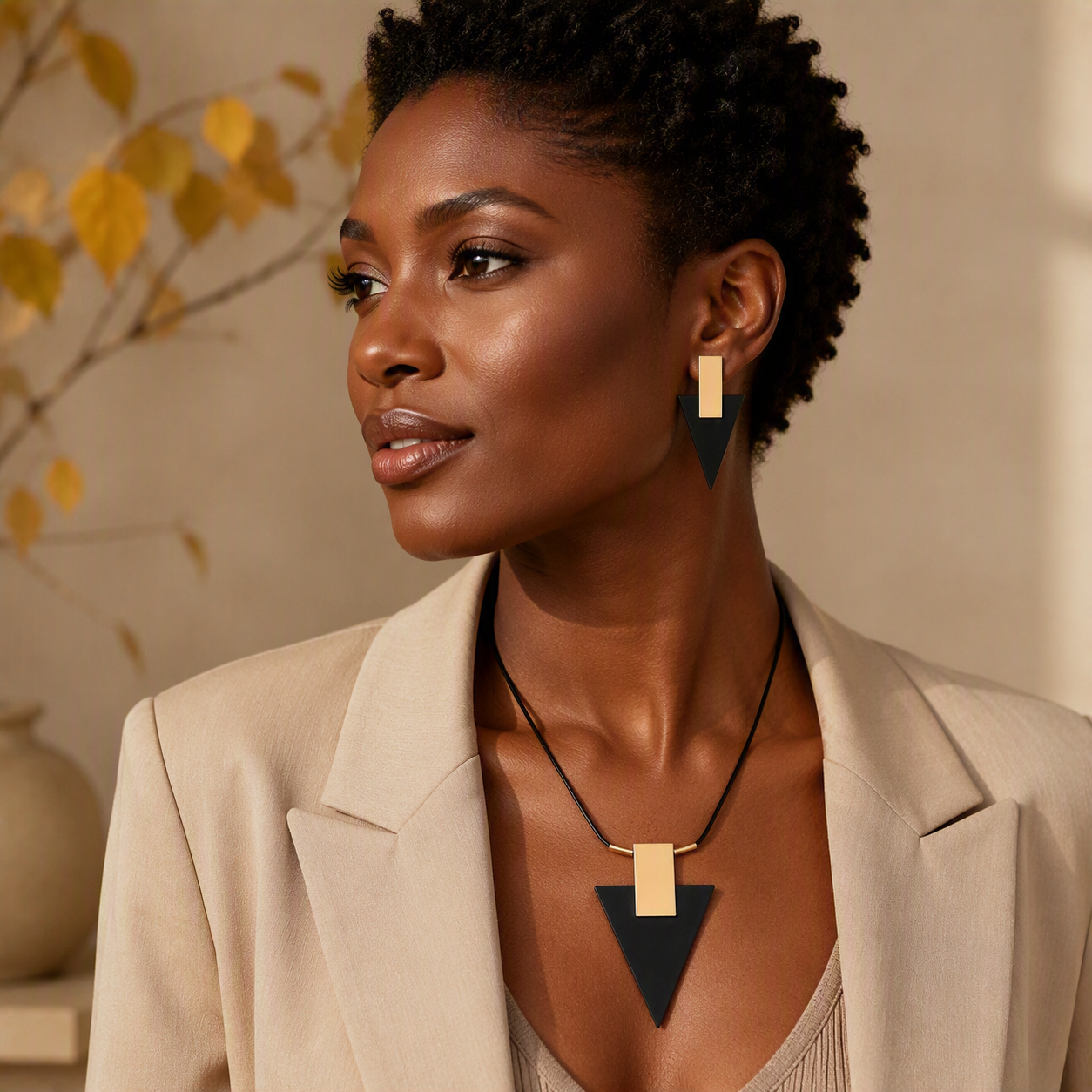 Geometric Two-Tone Triangle Pendant Set