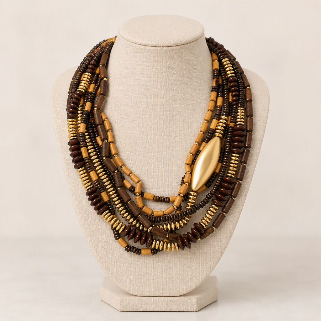 Multi-layer Brown Yellow Wooden Bead Necklace With Gold Accessories