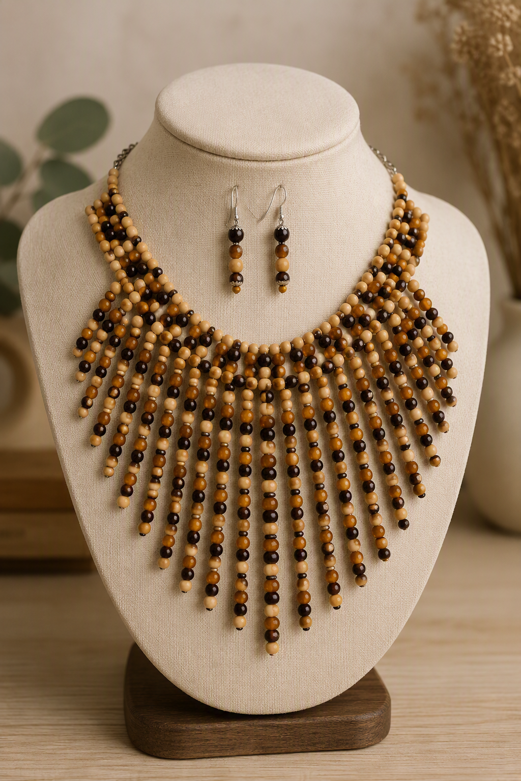 Wood Bead Fringe Necklace and Earring Statement Set