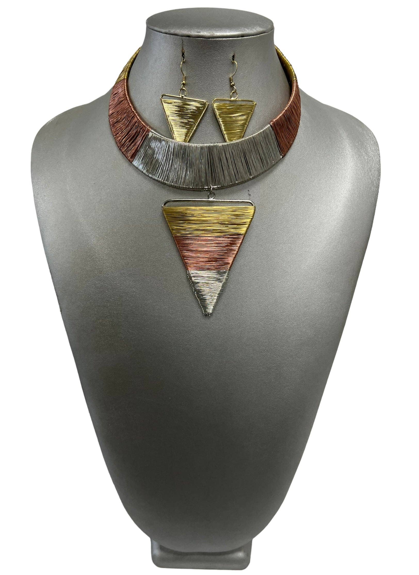 Tri-Color Wire Wrapped Choker Necklace Set